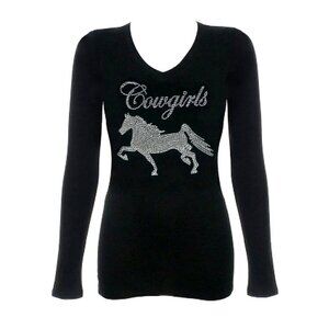 Womens Long Sleeve Black Clear Rhinestone Arabian Horse Cowgirls Bling T-Shirt
